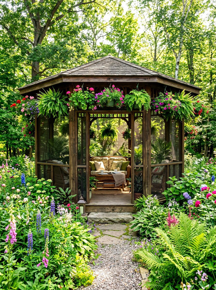 Screened Gazebo With Hanging Plants - 30 screened gazebo ideas