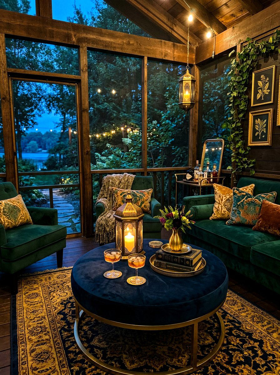 Screened Porch Velvet Table - 30 porch skirted table ideas