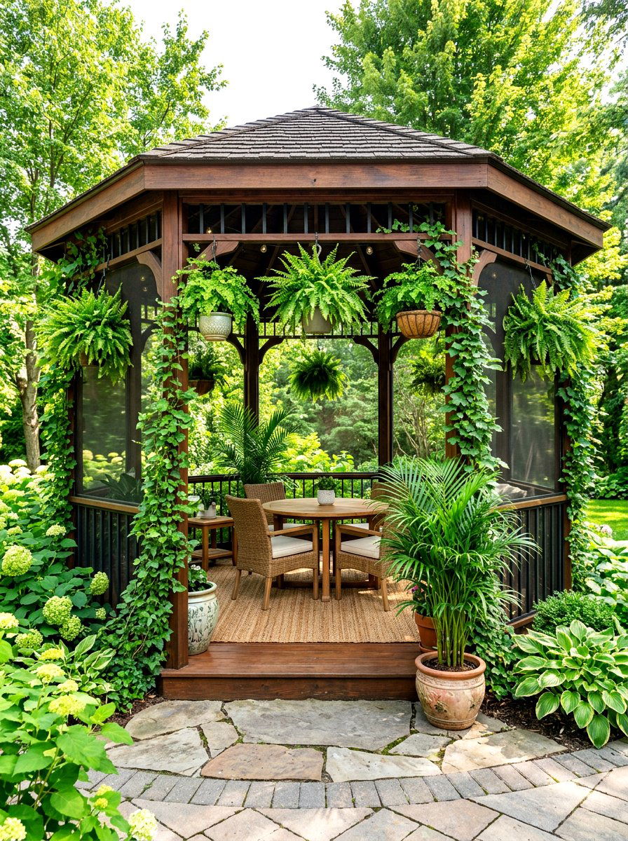 Screened gazebo plant decor - 30 screened gazebo dining ideas