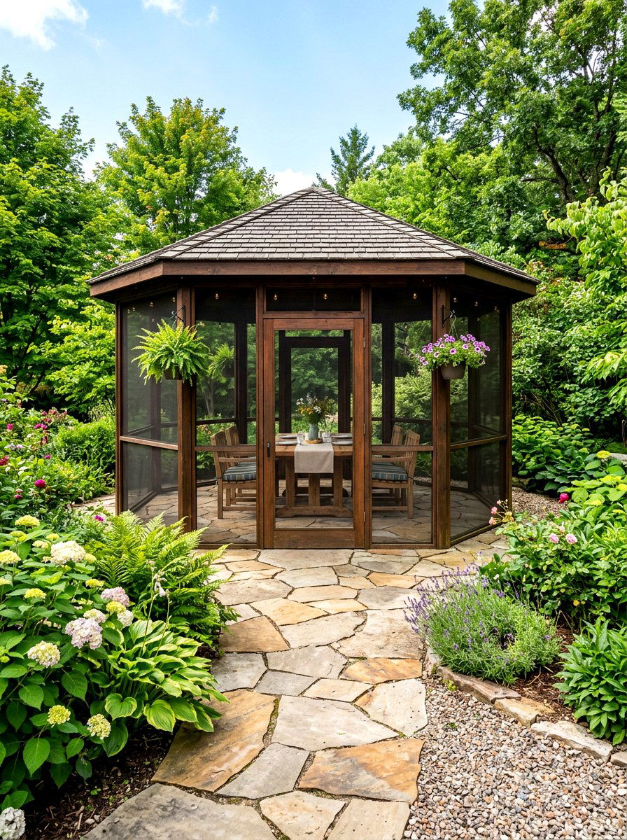 Screened gazebo with stone floor - 30 screened gazebo dining ideas