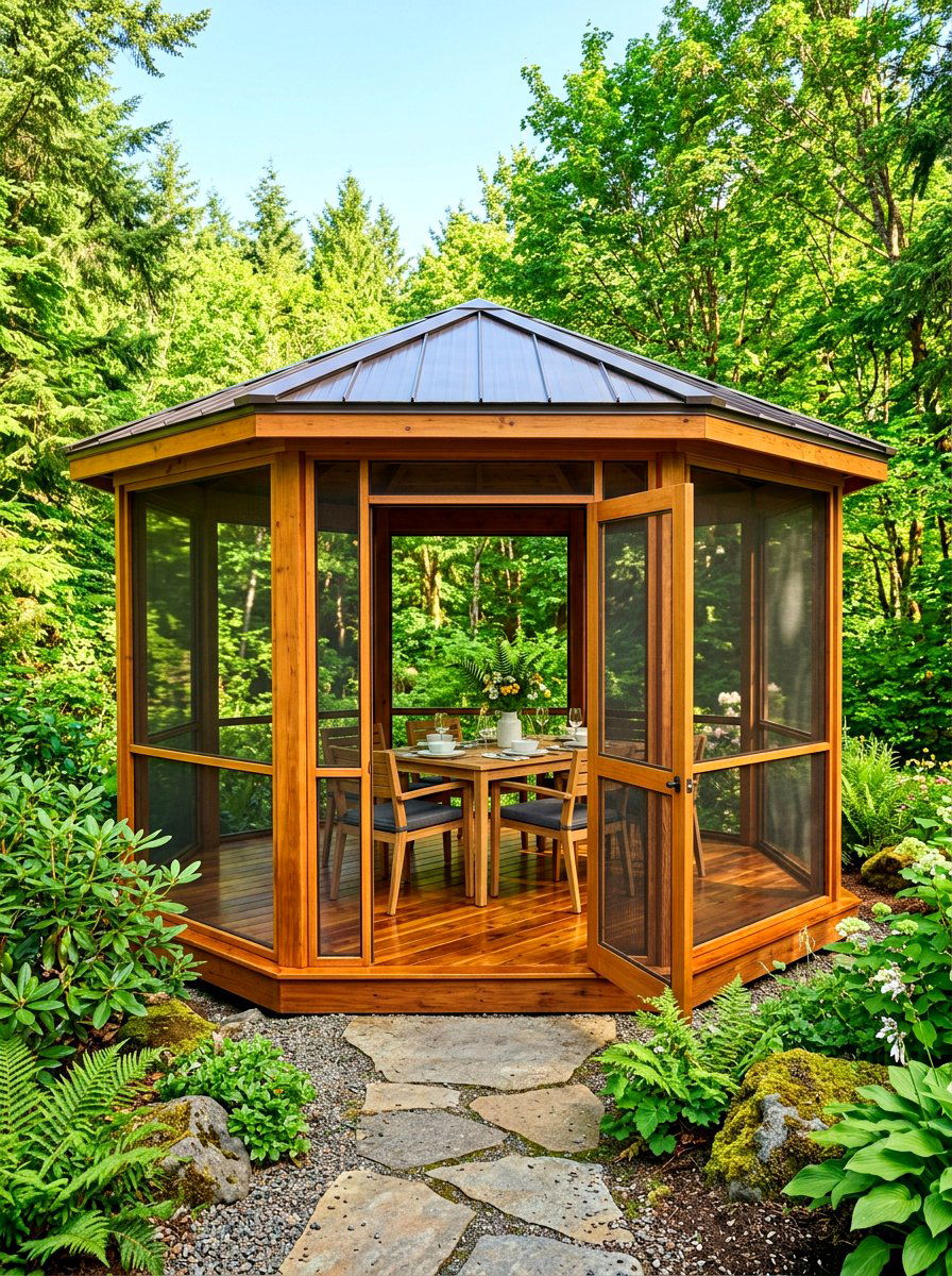 Screened gazebo with wood floor - 30 screened gazebo dining ideas