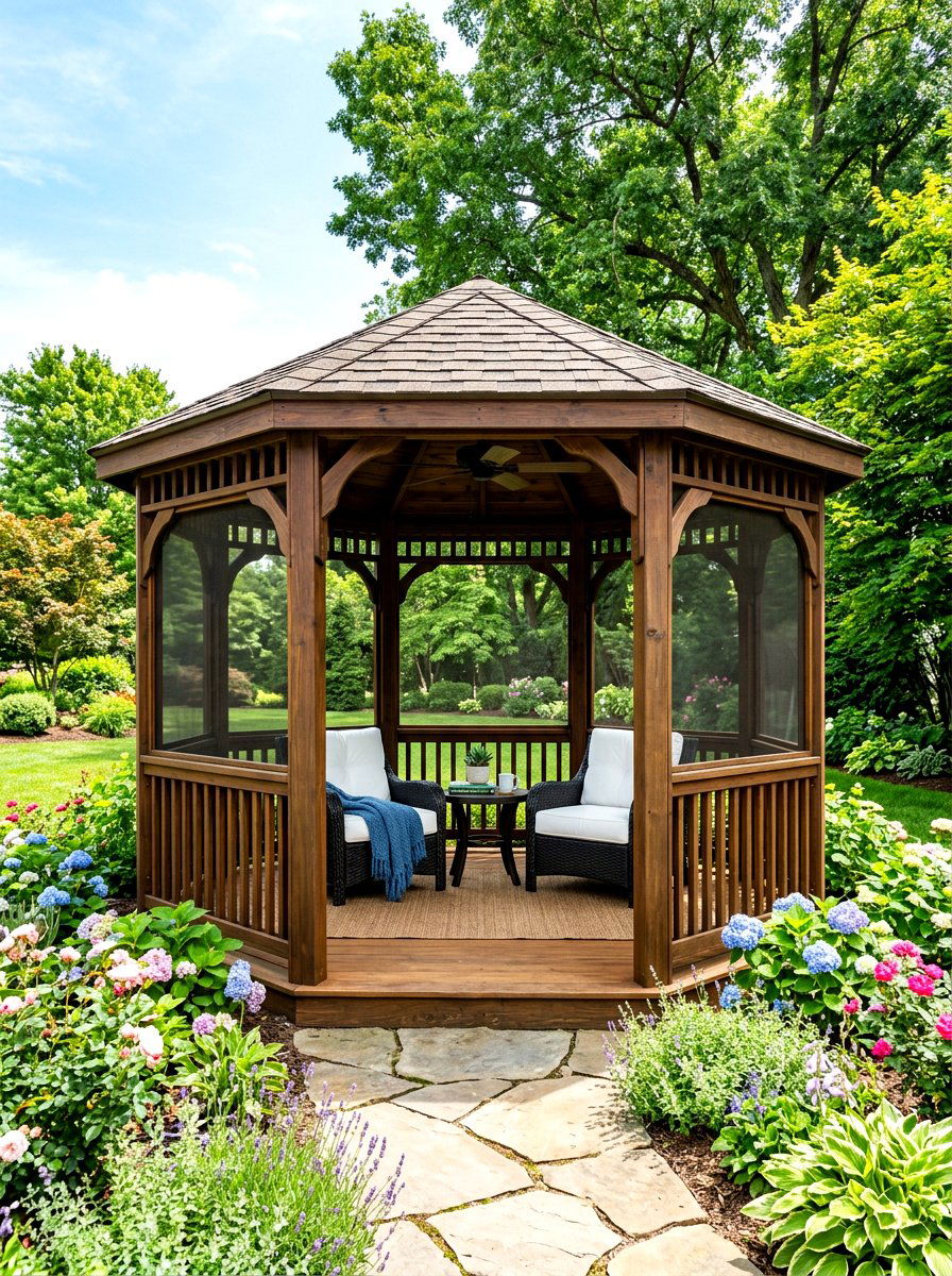 Screened in gazebo - 30 hexagon gazebo ideas