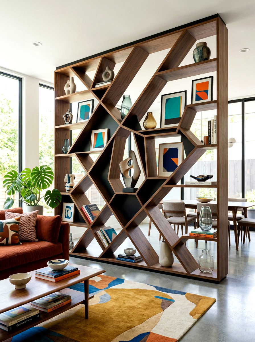 Sculptural Geometric Shelf Partition - 30 bookshelf divider apartment ideas