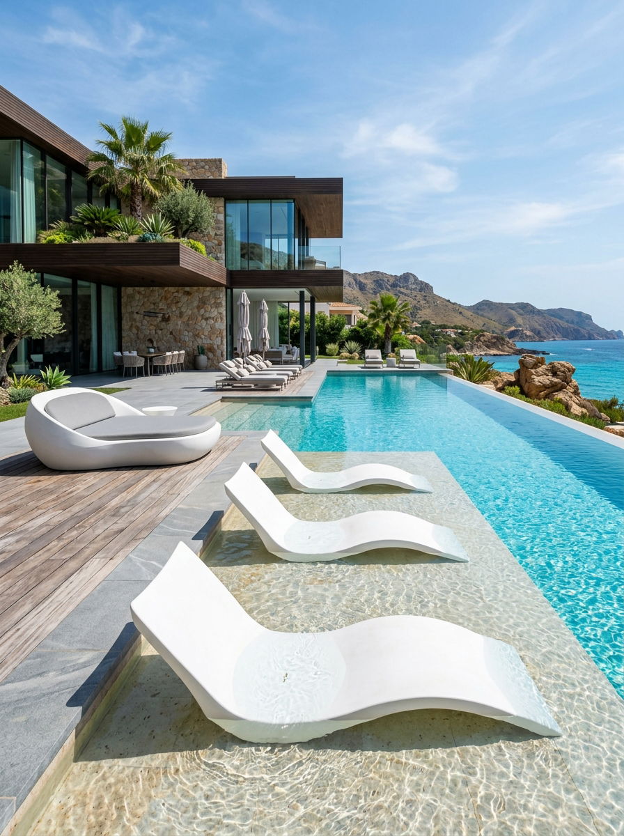 Sculptural Lounger Water Shelf Area - 30 pool ledge lounger ideas