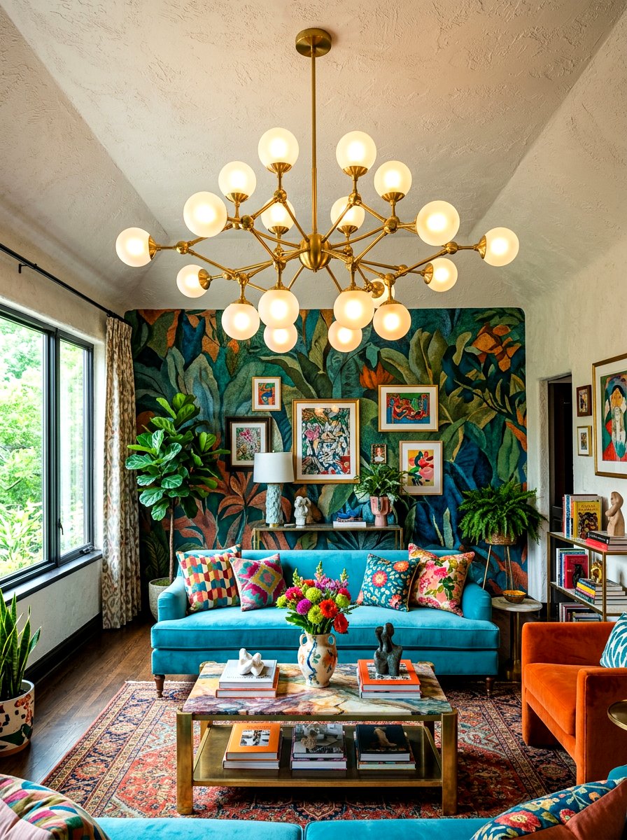 Sculptural Modern Light Fixture - 30 playful maximalist living room ideas