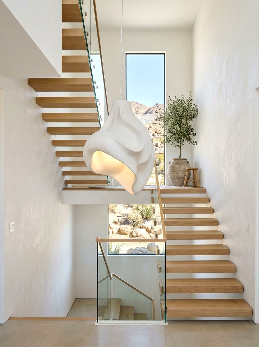 Sculptural White Plaster Pendant - 30 stairway chandelier ideas