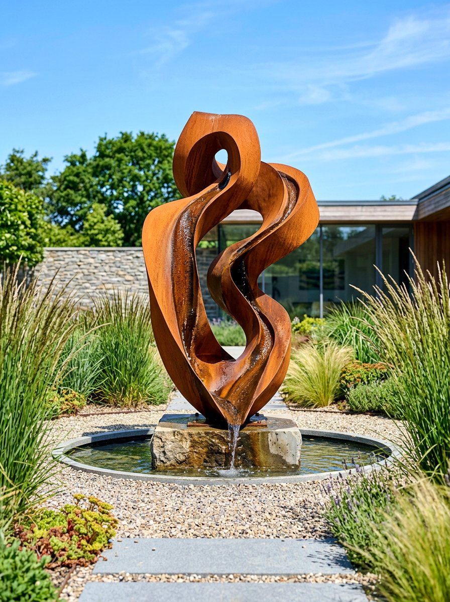 Sculptural abstract fountain - 30 courtyard fountain garden ideas
