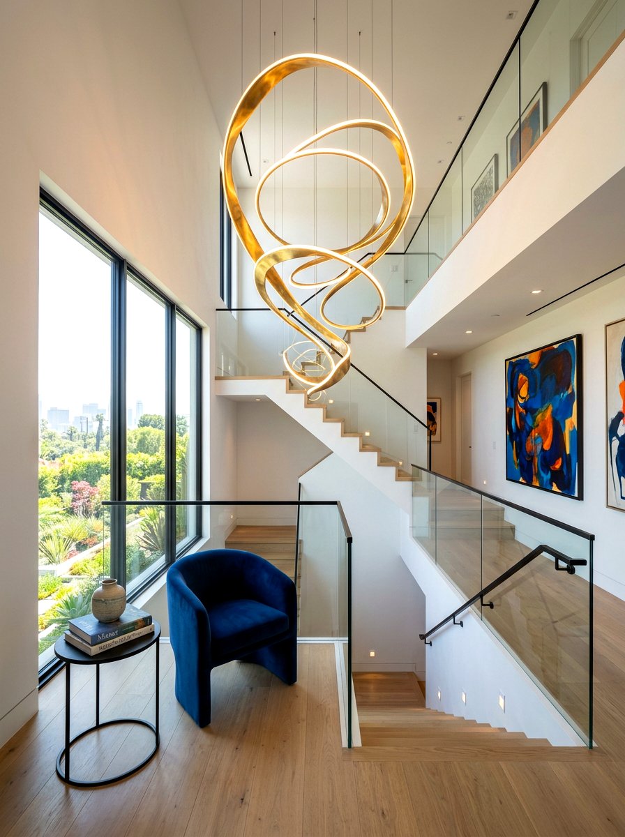 Sculptural art light for landing - 30 statement staircase lighting ideas