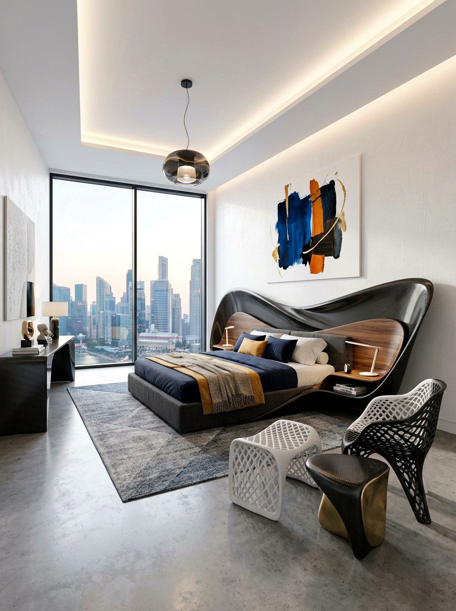 Sculptural furniture luxury bedroom design - 30 futuristic glam bedroom ideas