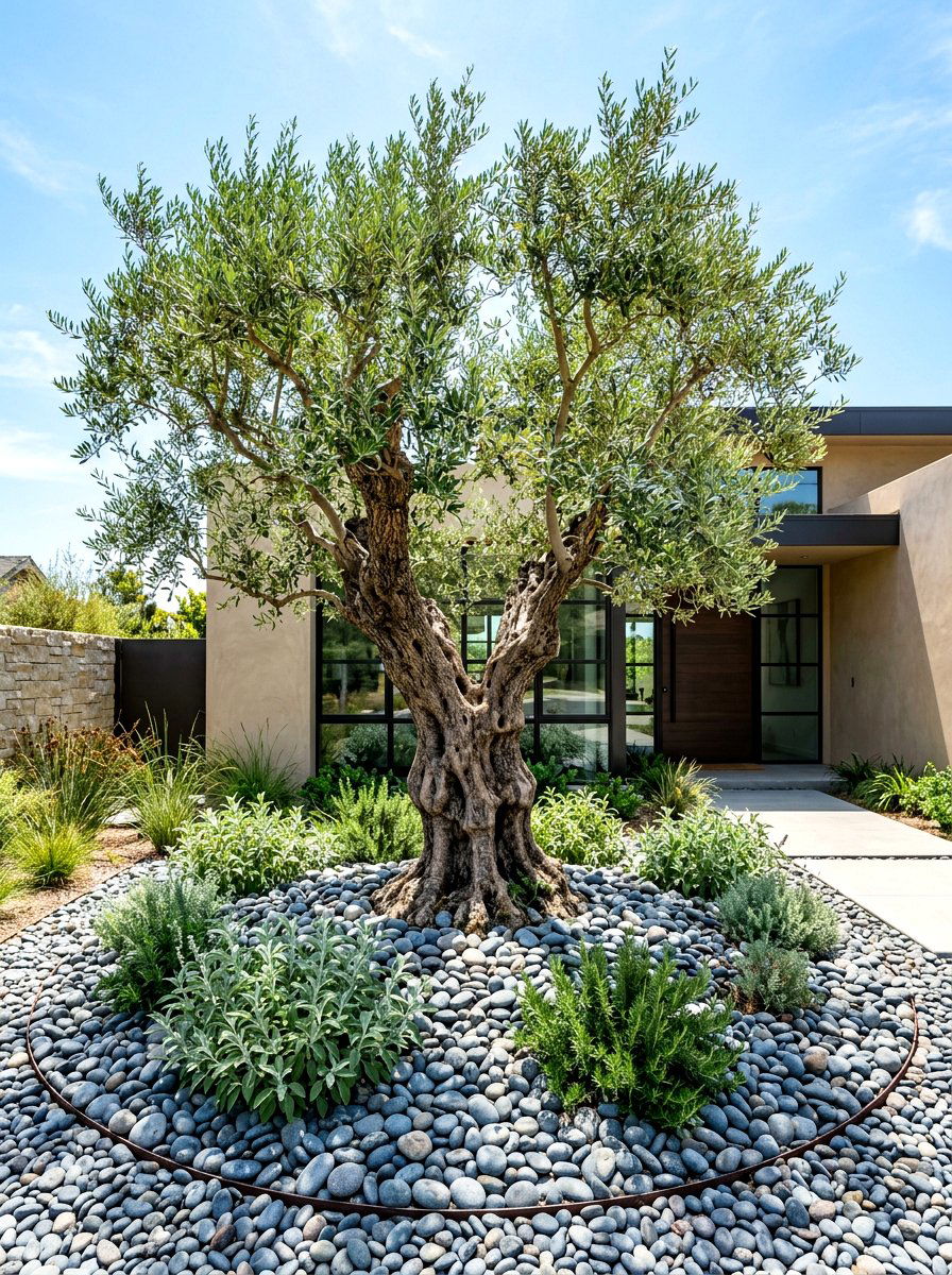 Sculptural olive tree landscape - 30 quiet luxury curb appeal ideas