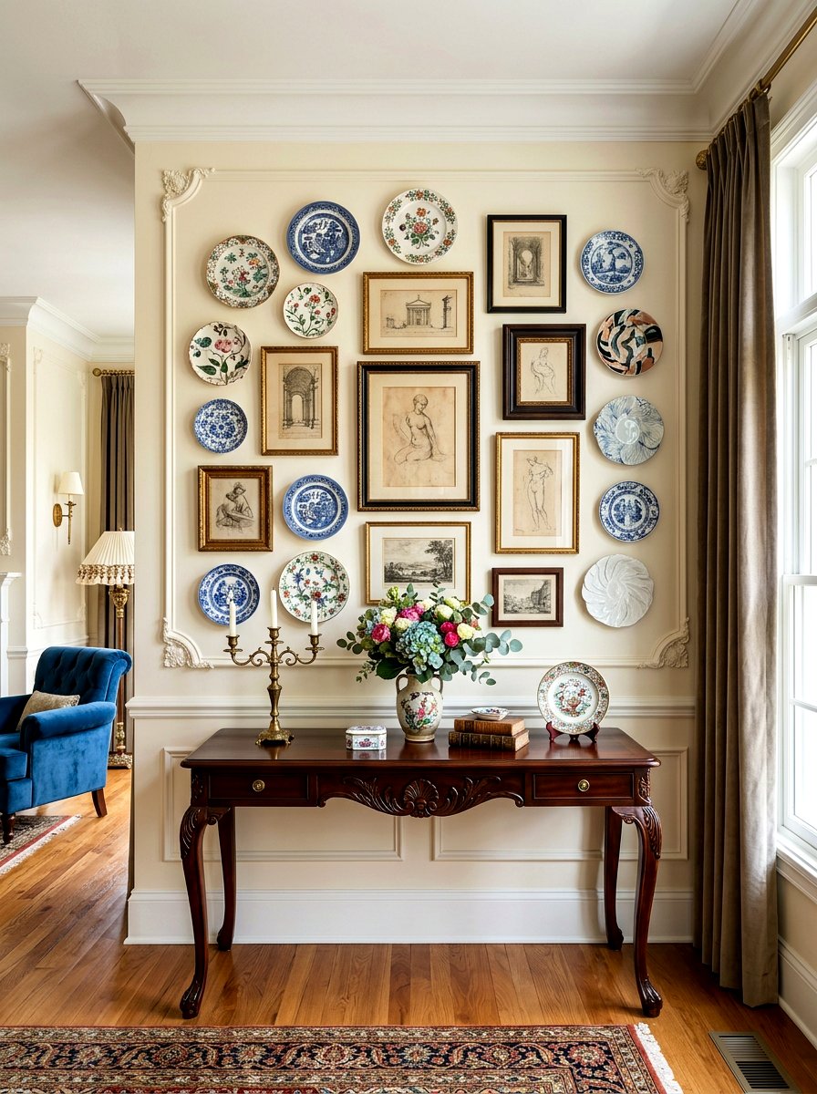 Sculptural plate and art wall - 30 salon wall entry ideas