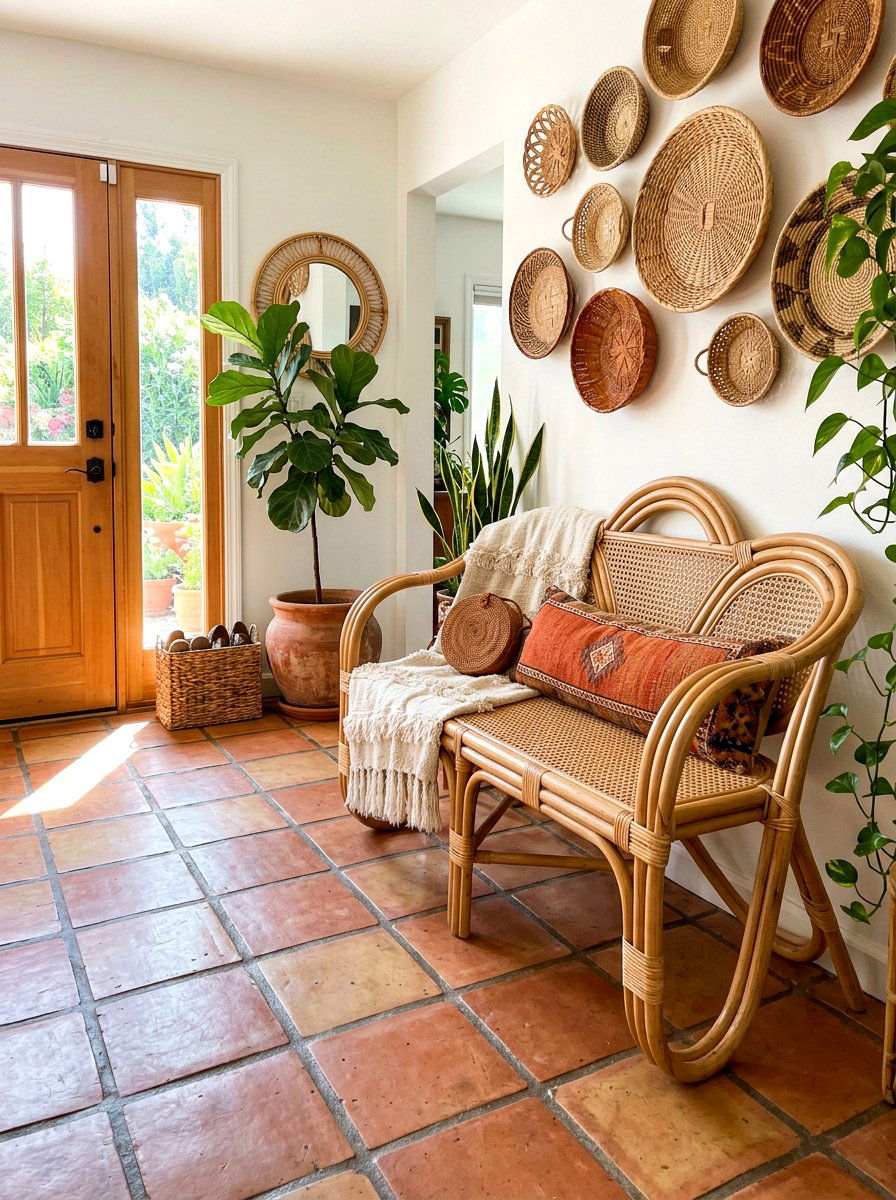 Sculptural rattan foyer bench - 30 sculptural entry bench ideas