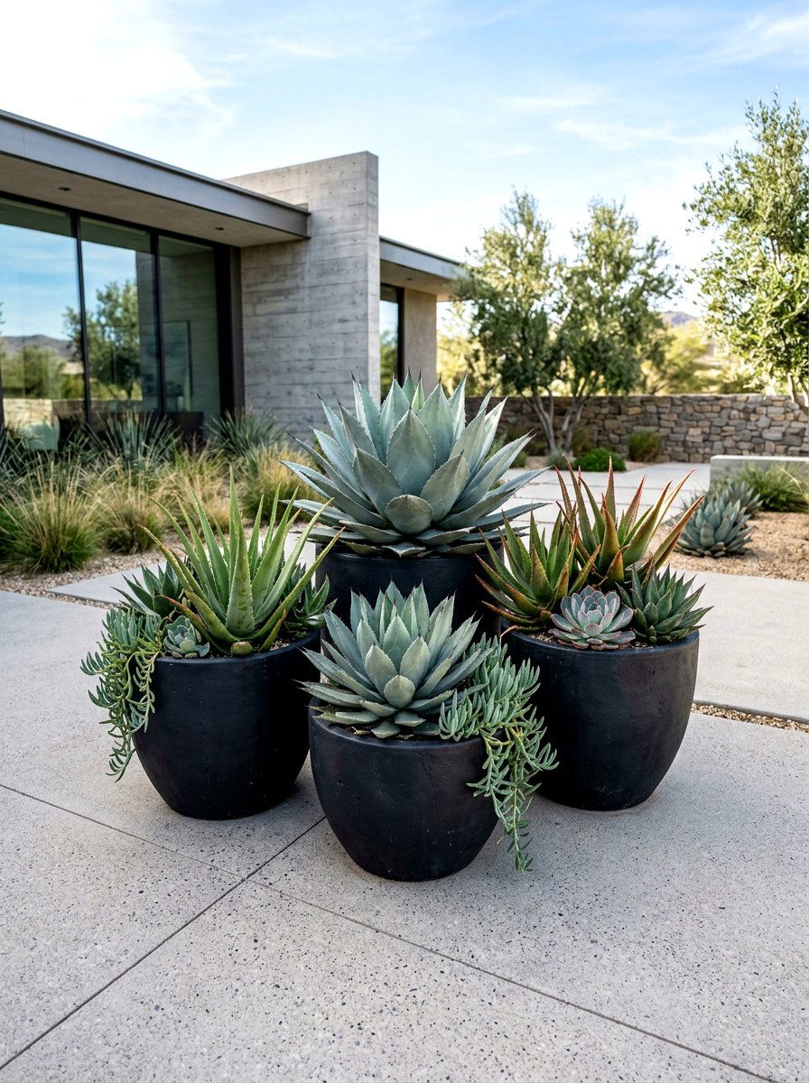 Sculptural succulent planter arrangement - 30 warm minimalist garden ideas