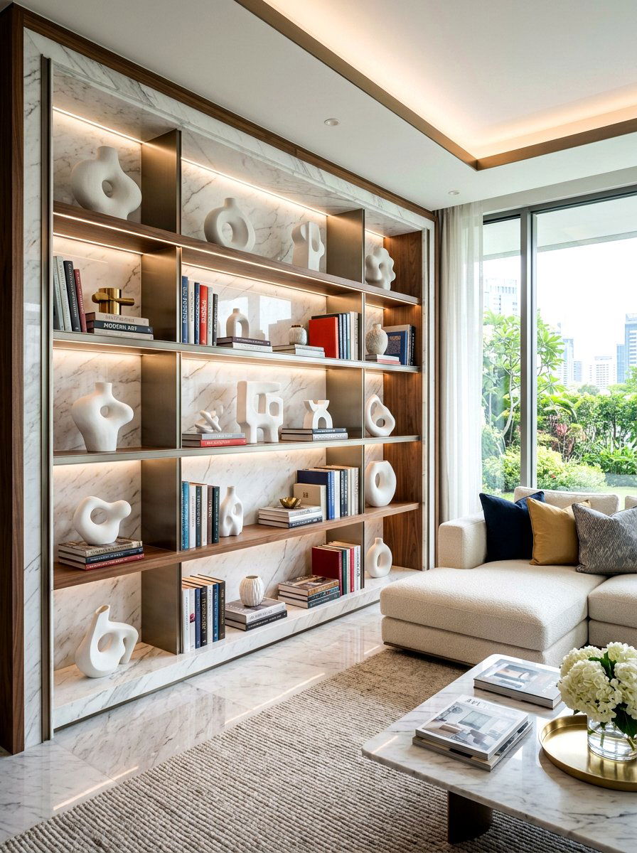 Sculpture Book Display - 30 aesthetic bookshelf styling apartment ideas
