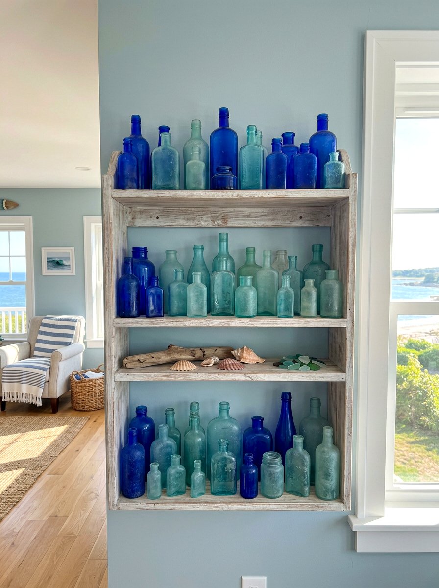 Sea glass bottle shelf - 30 summer shelf decor ideas