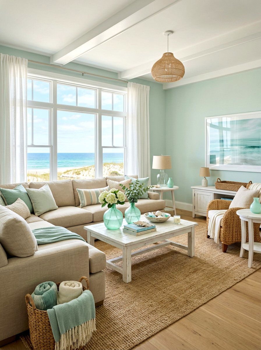 Seafoam green coastal living room - 30 coastal living room ideas