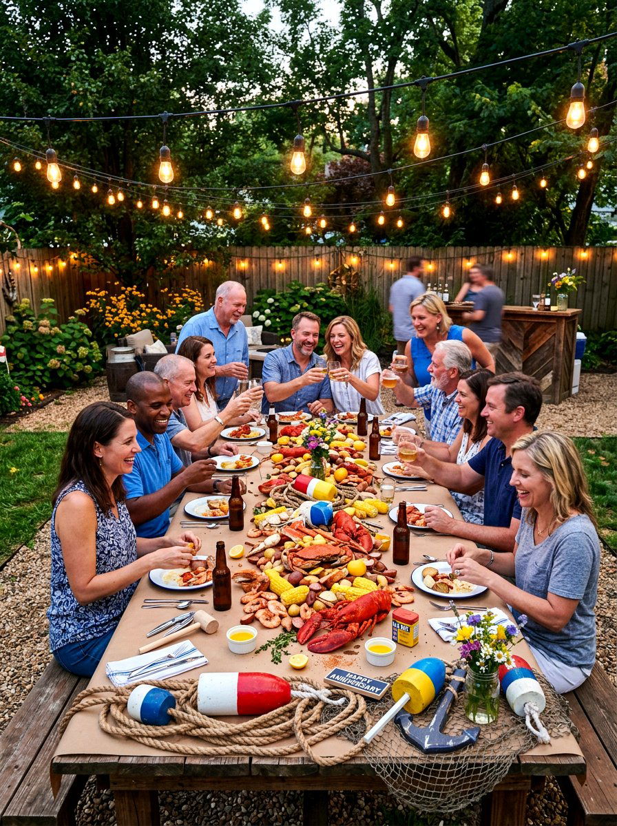 Seafood boil backyard party - 30 anniversary dinner at home ideas