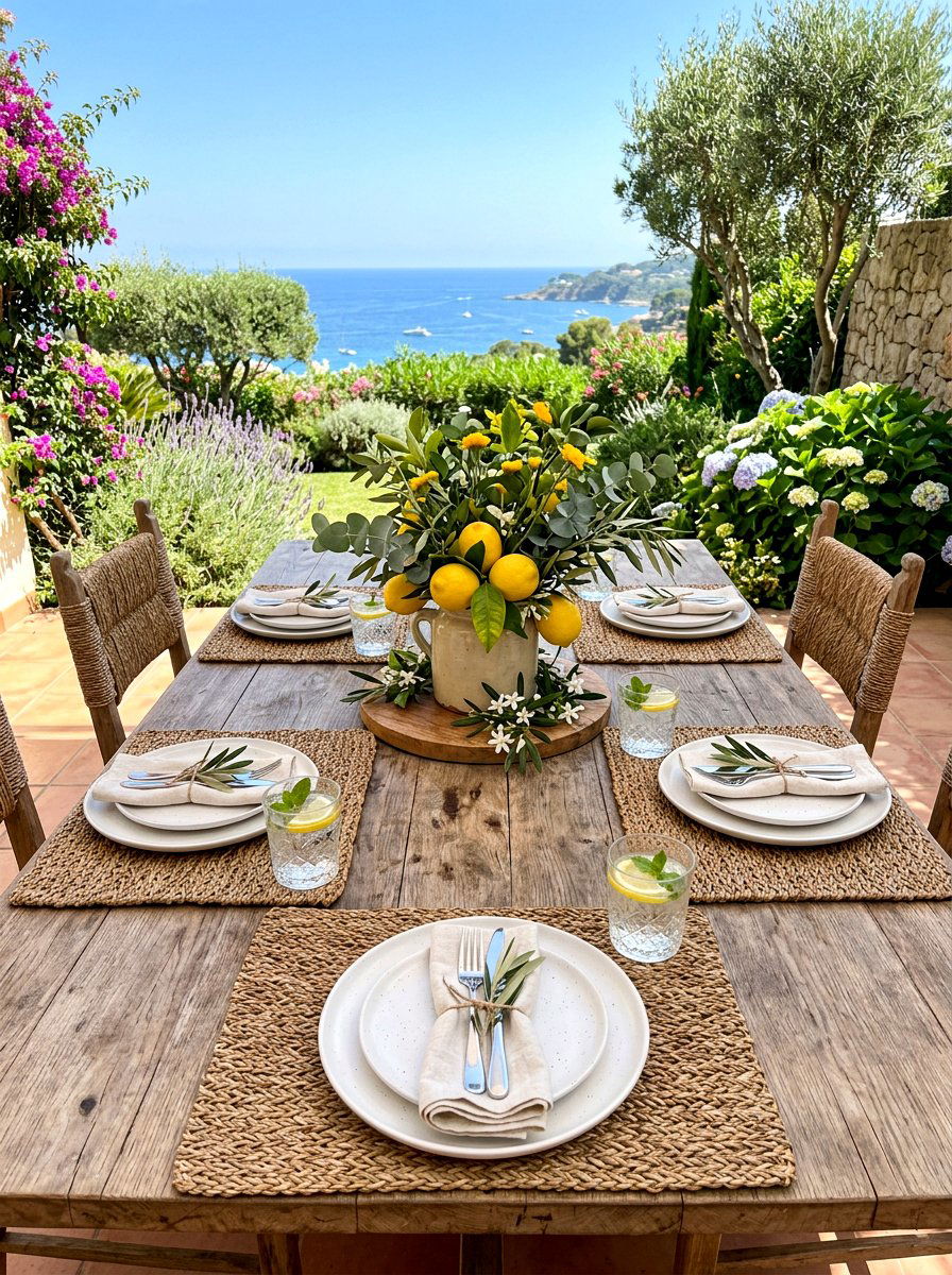 Seagrass Textured Table Display - 30 Nancy Meyers outdoor dining ideas