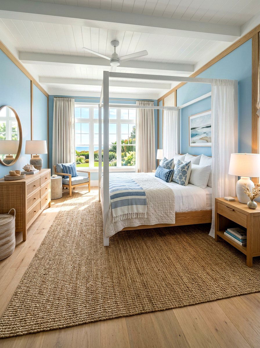 Seagrass rug bedroom - 30 coastal prep bedroom ideas