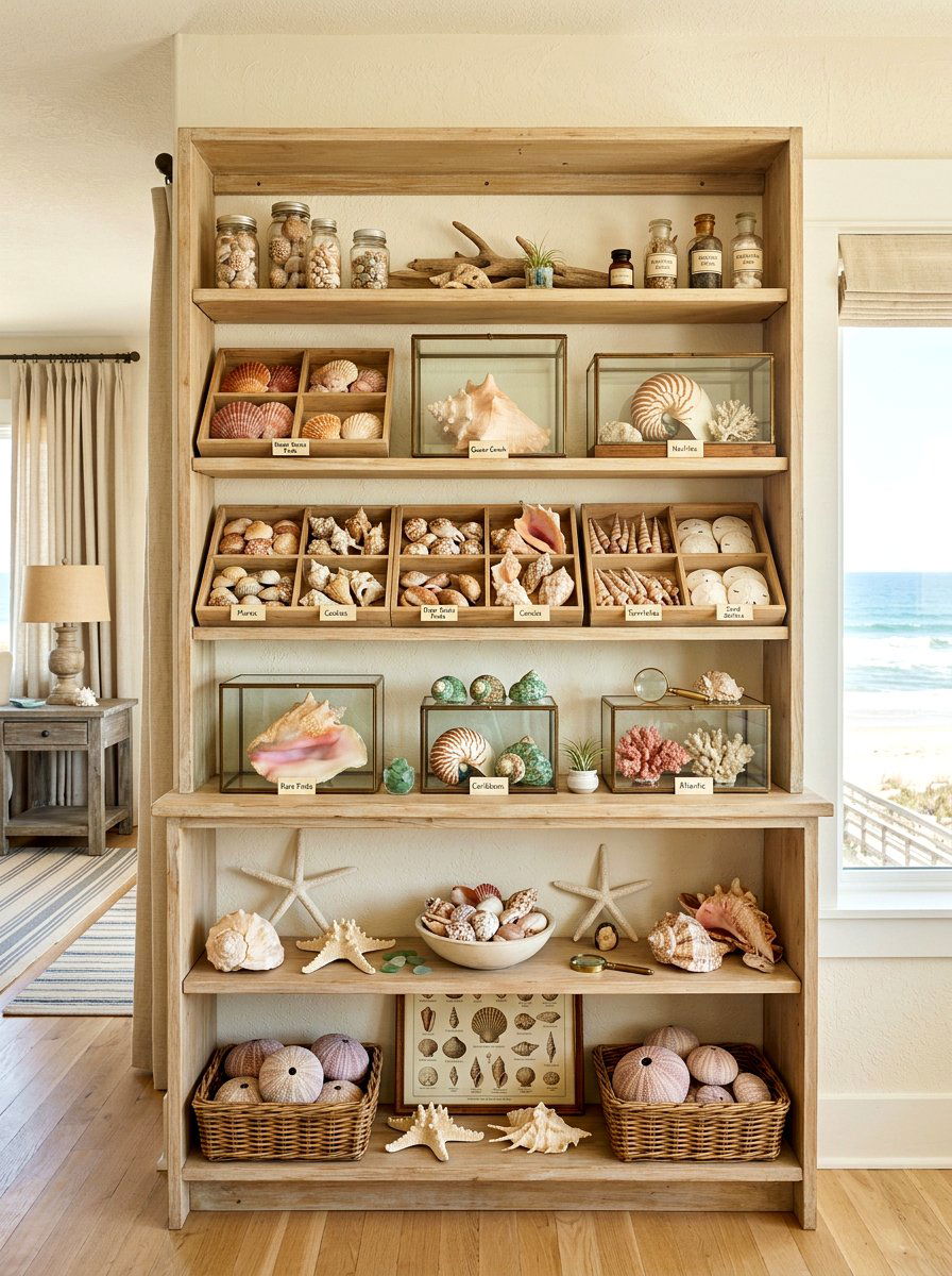 Seashell collection shelf - 30 summer shelf decor ideas