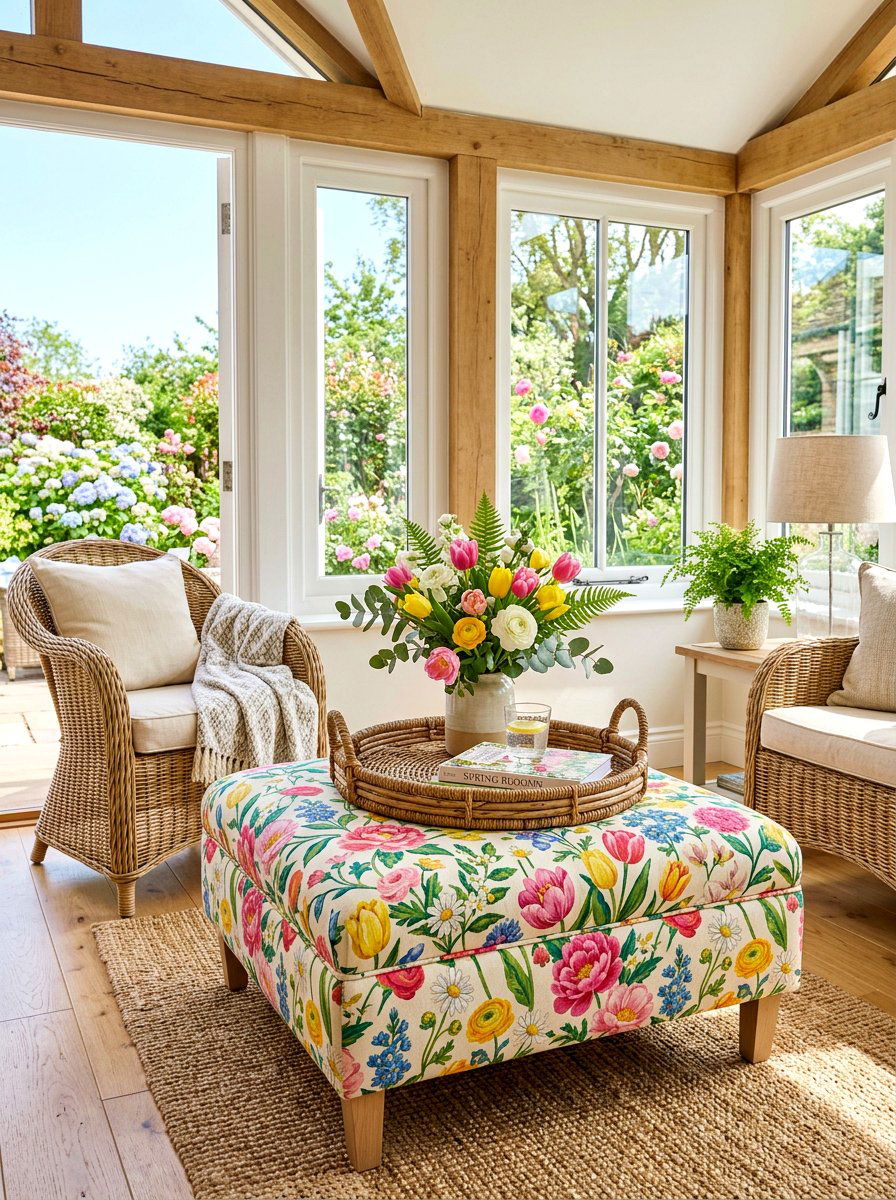 Seasonal Floral Ottoman - 30 living room ottoman styling ideas