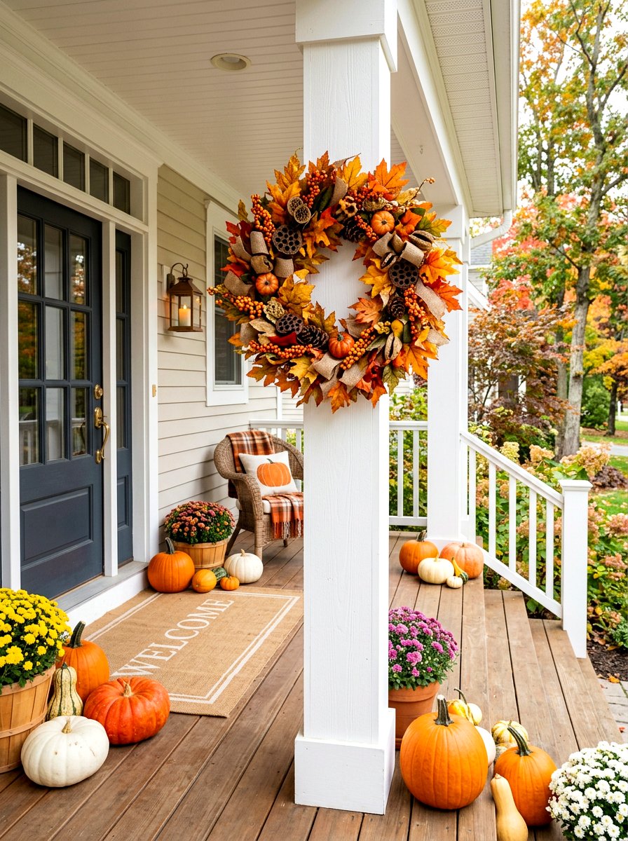 Seasonal Floral Wreath - 30 porch columns decor ideas