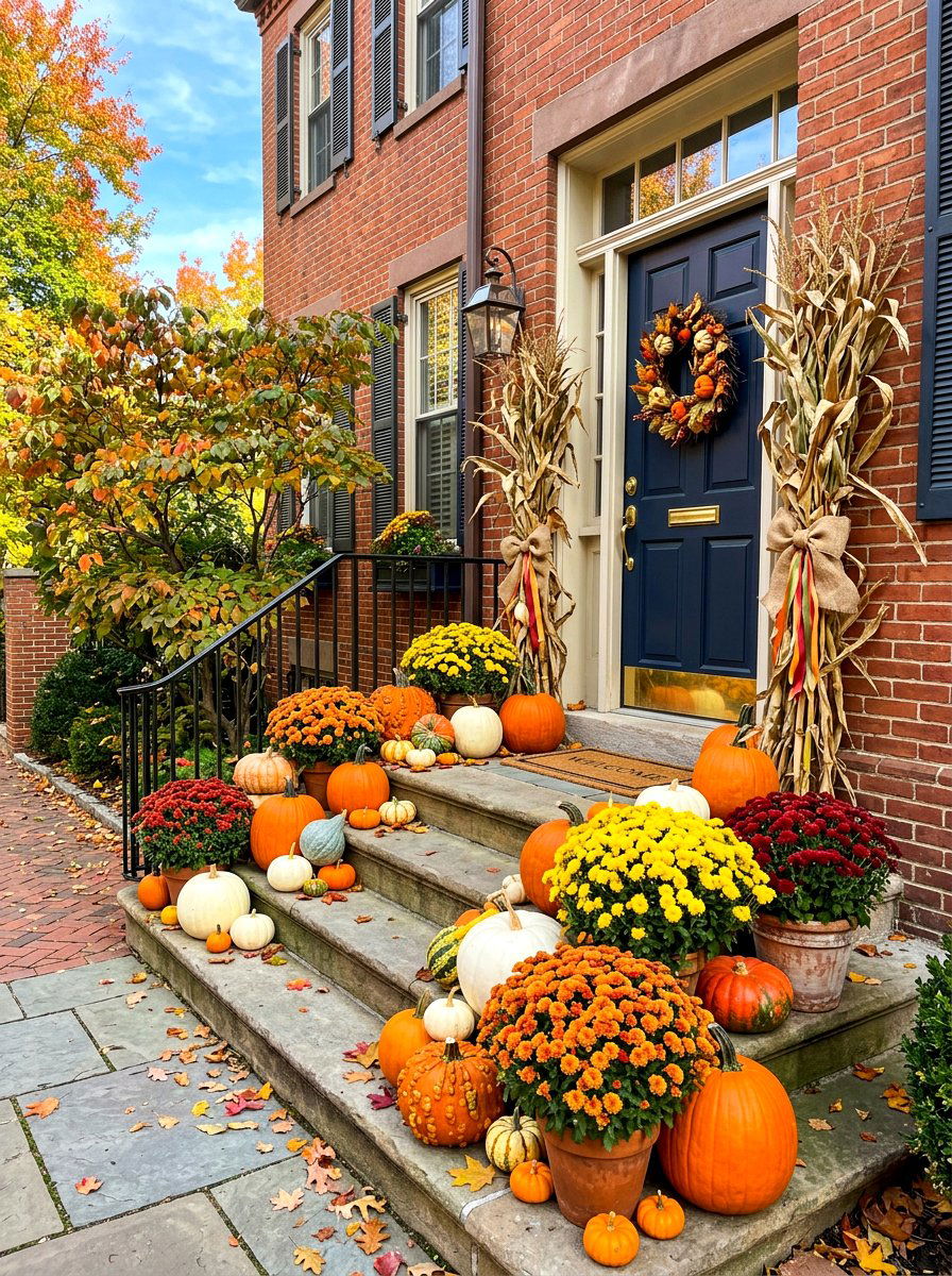 Seasonal Pumpkin Display For Stairs - 30 townhouse stoop ideas