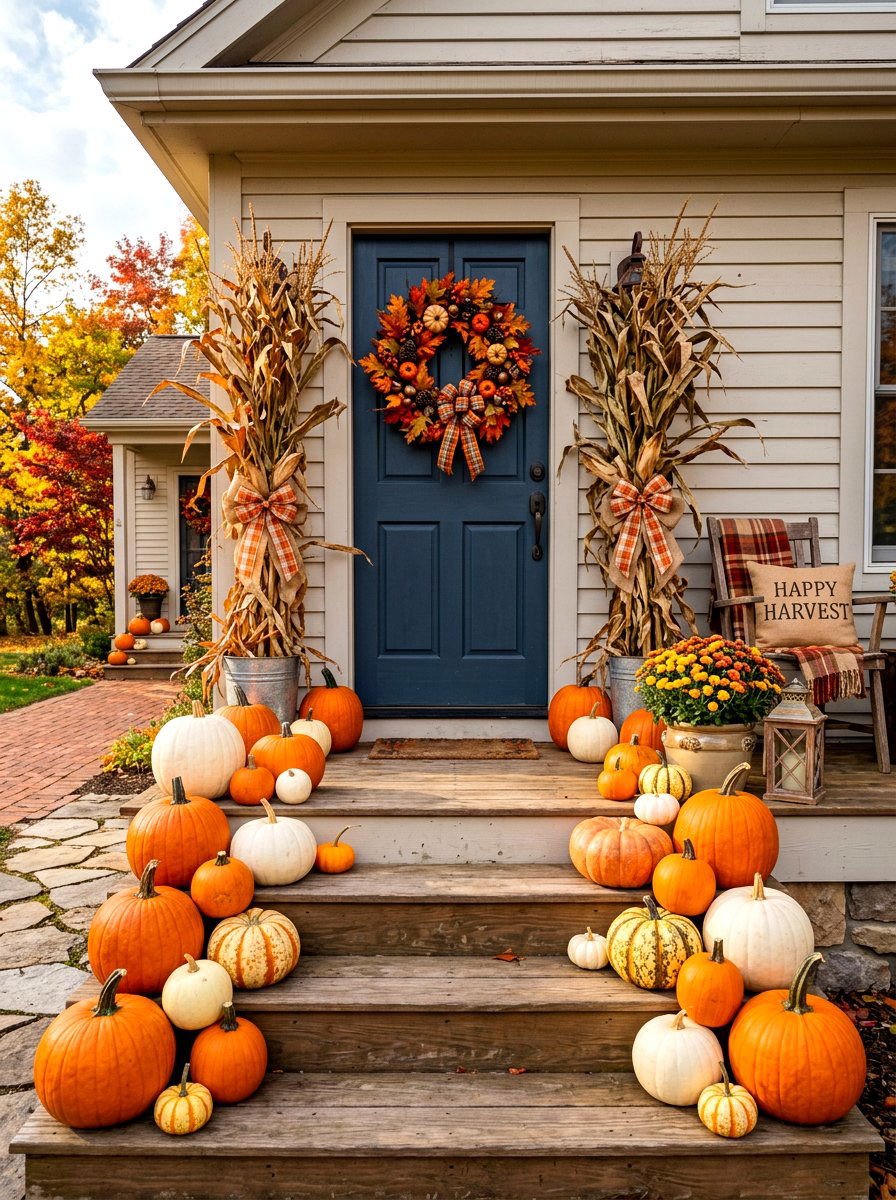 Seasonal Pumpkin Porch Display - 30 cottage stoop ideas
