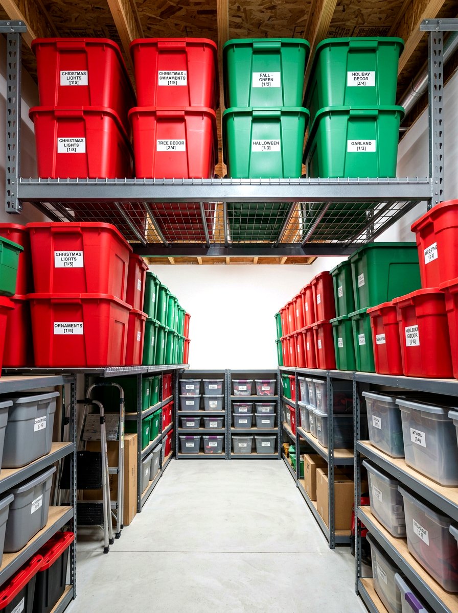 Seasonal decoration storage bins - 30 garage ceiling storage ideas