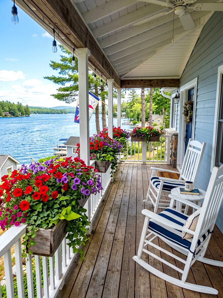 Seasonal flower box porch - 30 lake house porch ideas