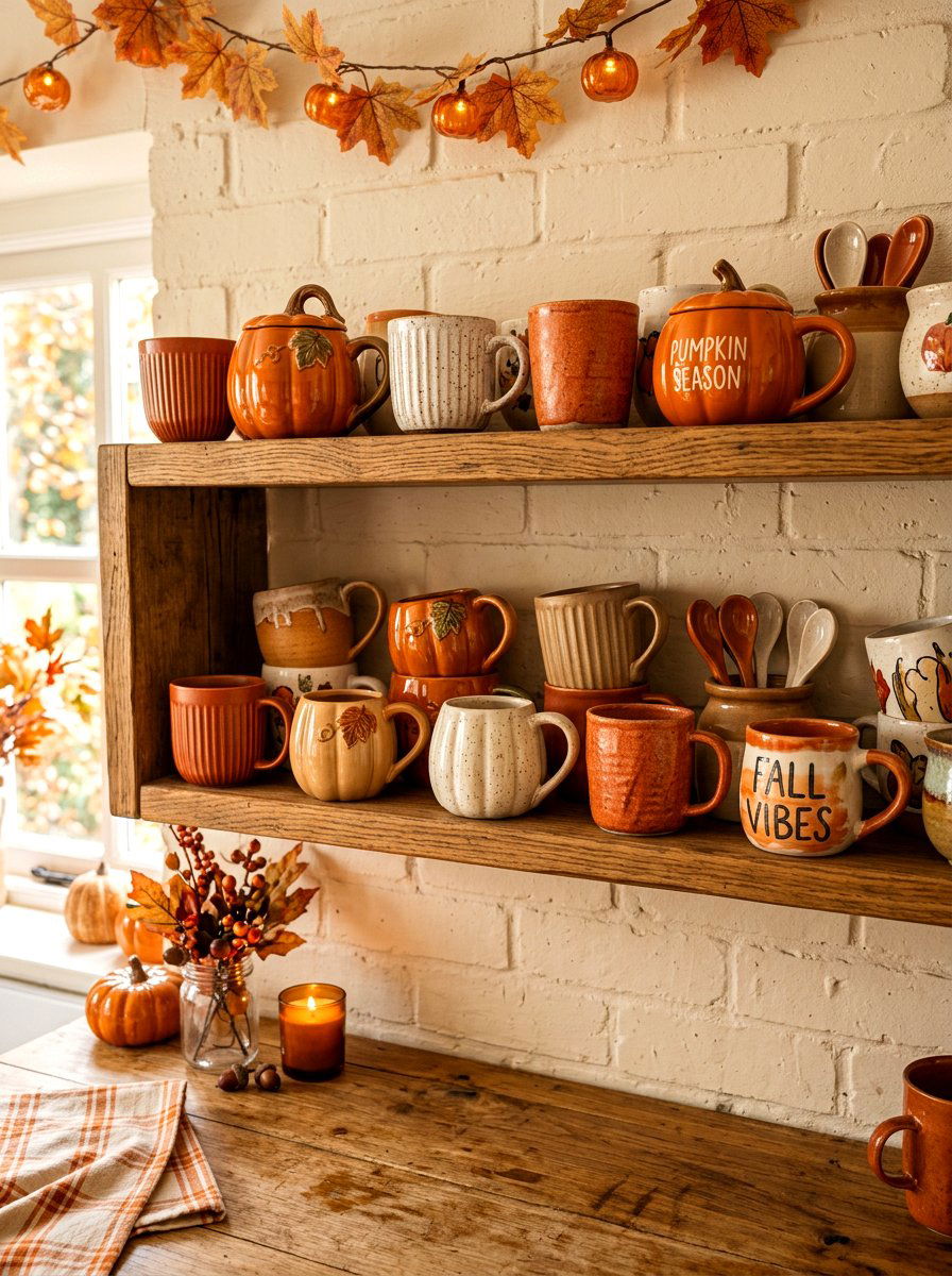 Seasonal mug collection - 30 fall kitchen shelf decor ideas