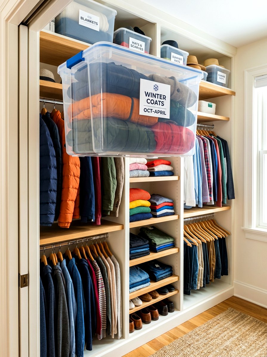 Seasonal rotation bin - 30 organizing a coat closet ideas