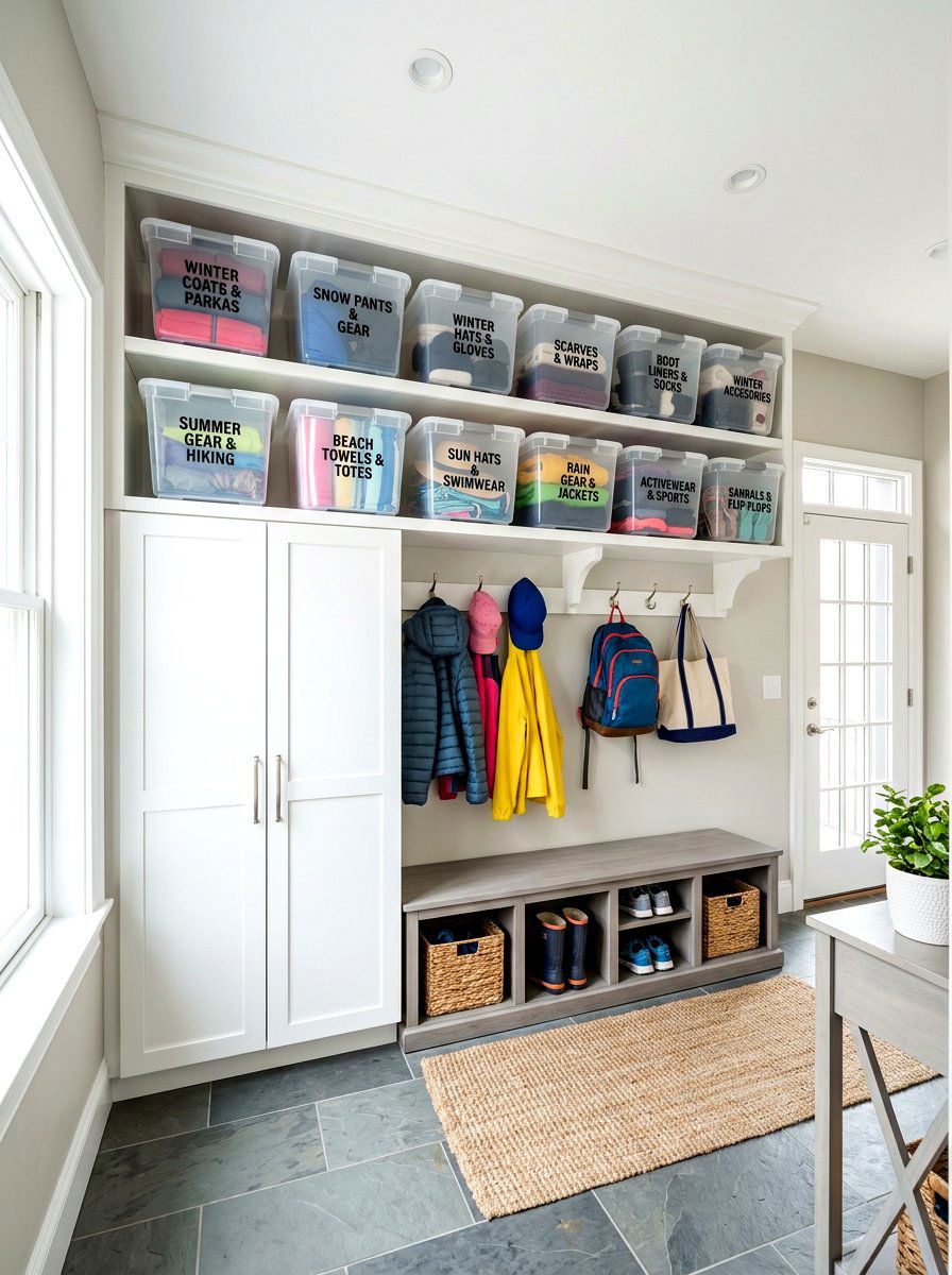 Seasonal storage bins for mudroom - 30 organizing a mudroom ideas
