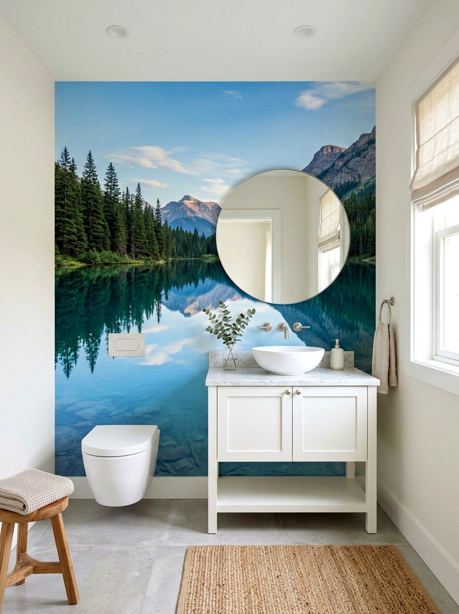 Secluded Lake Mural - 30 landscape mural powder room ideas