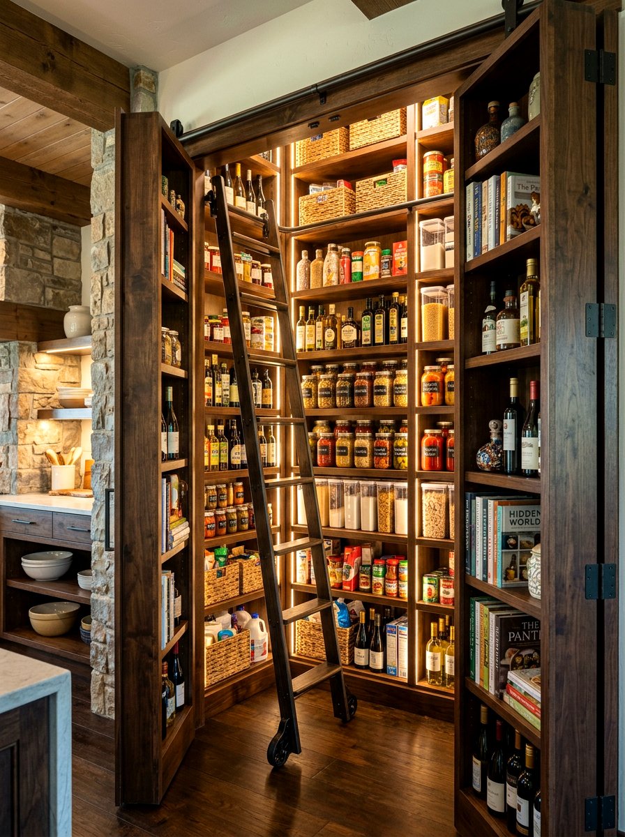 Secret Pantry With Hidden Rolling Ladder - 30 pantry with library ladder ideas