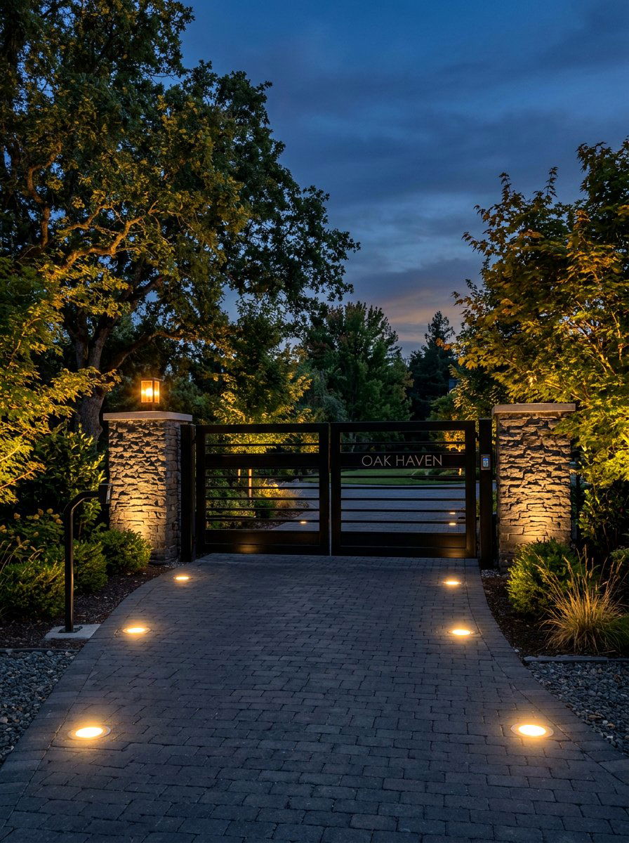 Security Gate With Ground Uplighting - 30 driveway gate landscaping ideas