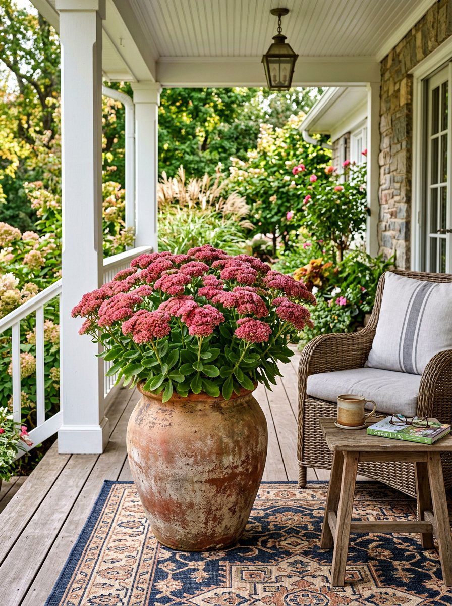 Sedum Autumn Joy Container - 30 fall porch planter ideas