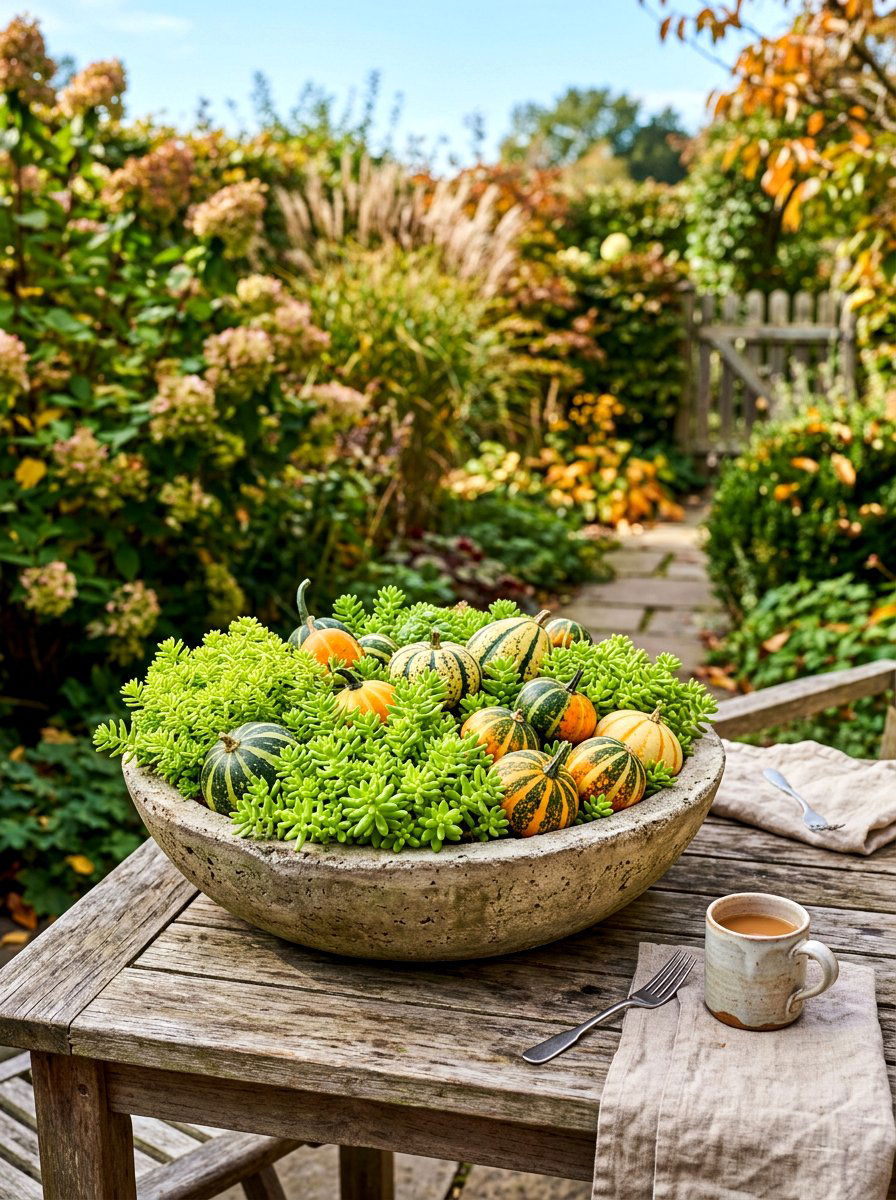 Sedum and gourd outdoor bowl - 30 autumn planter ideas
