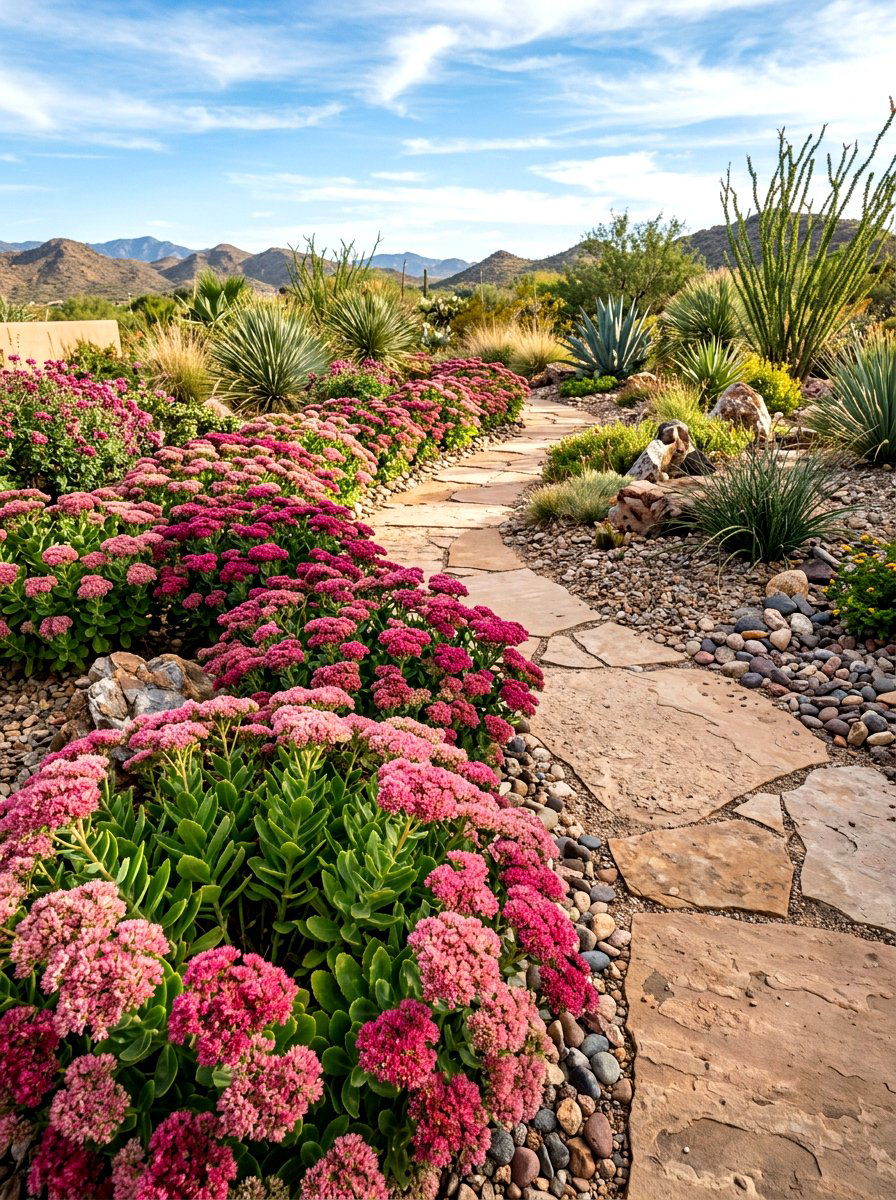 Sedum succulent garden path - 30 walkway border planting ideas