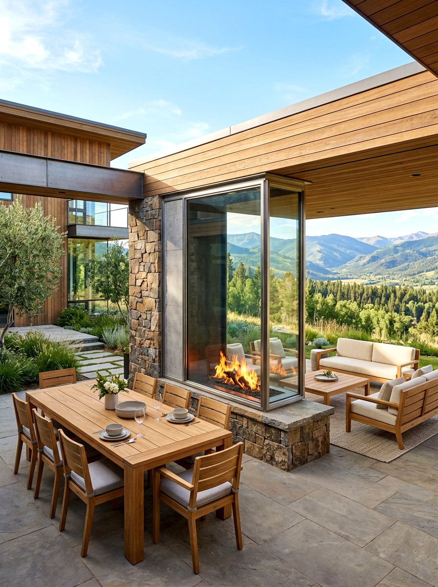 See through double fireplace - 30 backyard fireplace seating ideas
