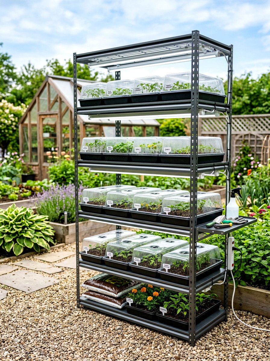 Seed Starting Station - 30 greenhouse corner ideas