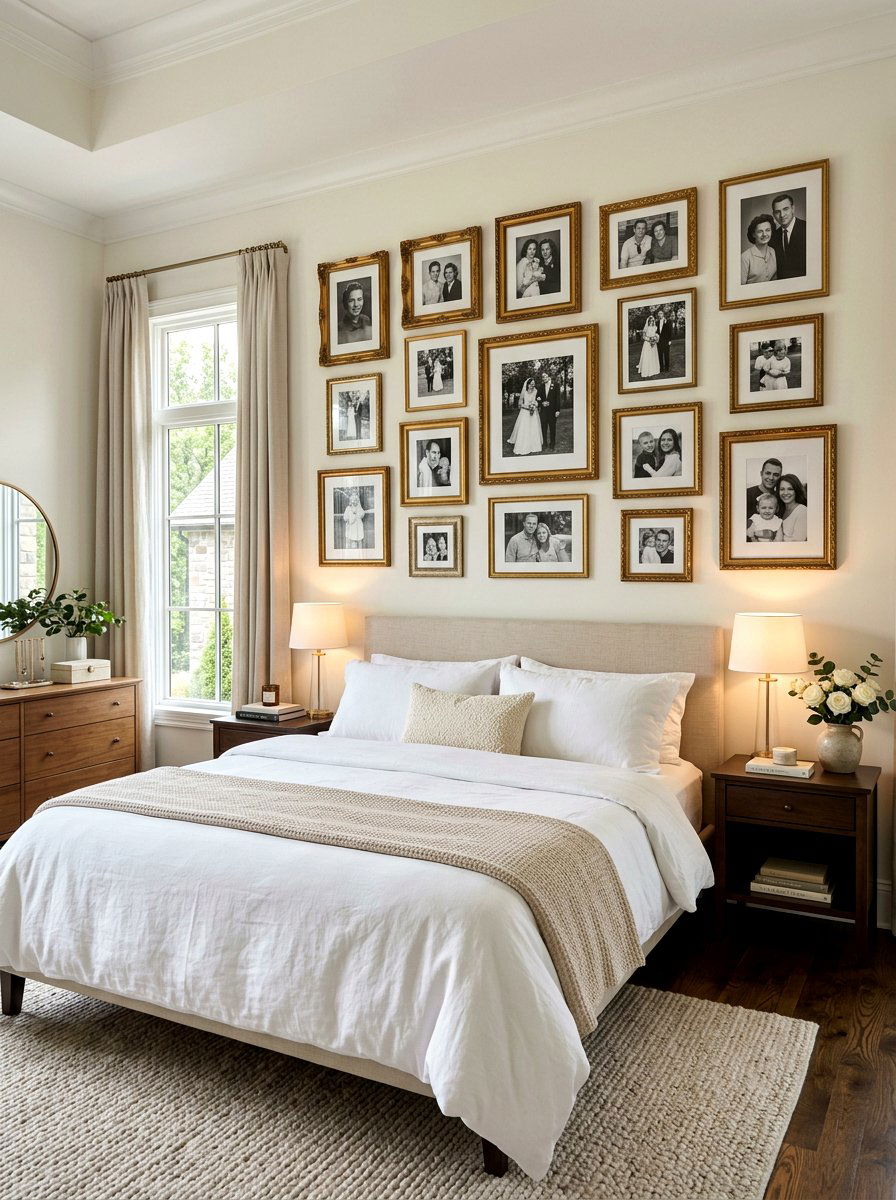 Sentimental gallery wall with family photos - 30 phone free bedroom ideas for adults