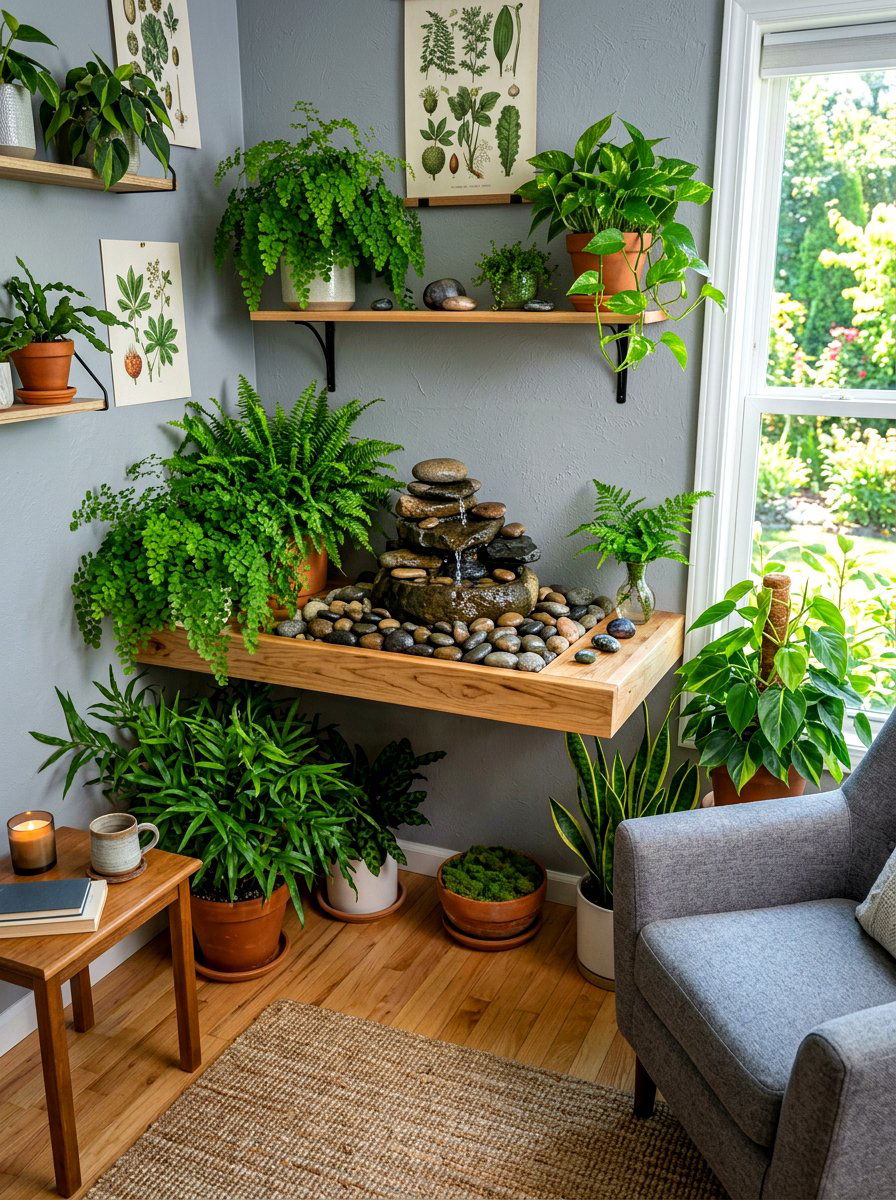 Serene water fountain shelf - 30 wellness shelf styling ideas