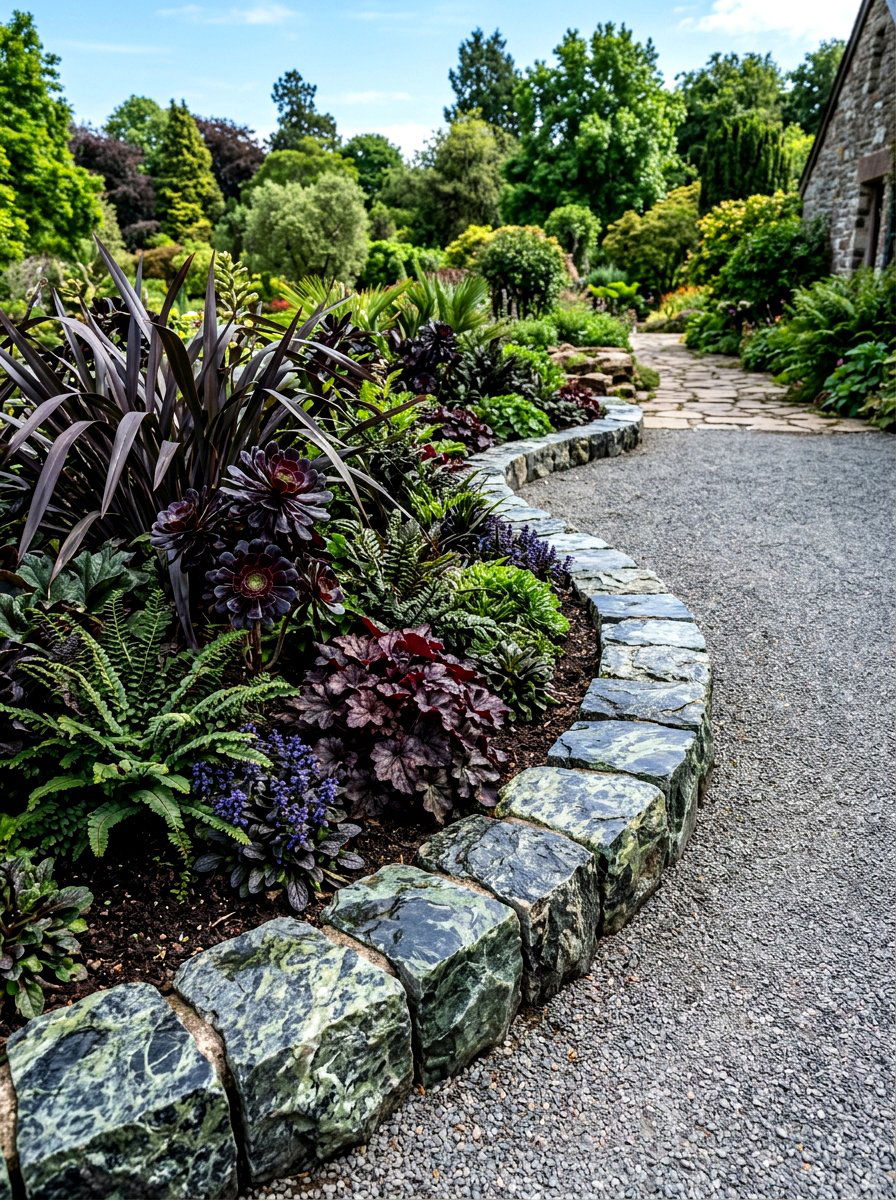 Serpentine stone mulch border - 30 stone mulch border ideas