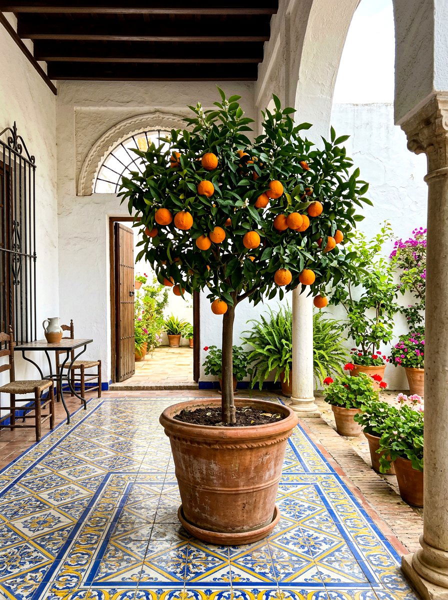 Seville Orange Tree Spanish Tiled Porch - 30 citrus patio tree ideas