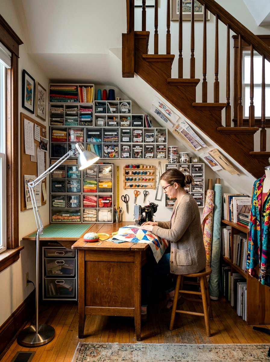 Sewing Station Under Stairs - 30 cozy nook under stairs ideas