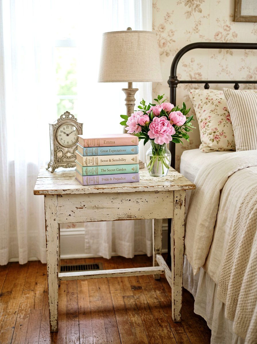 Shabby Chic Bedroom Nightstand With Stacked Books - 30 vintage book decor ideas