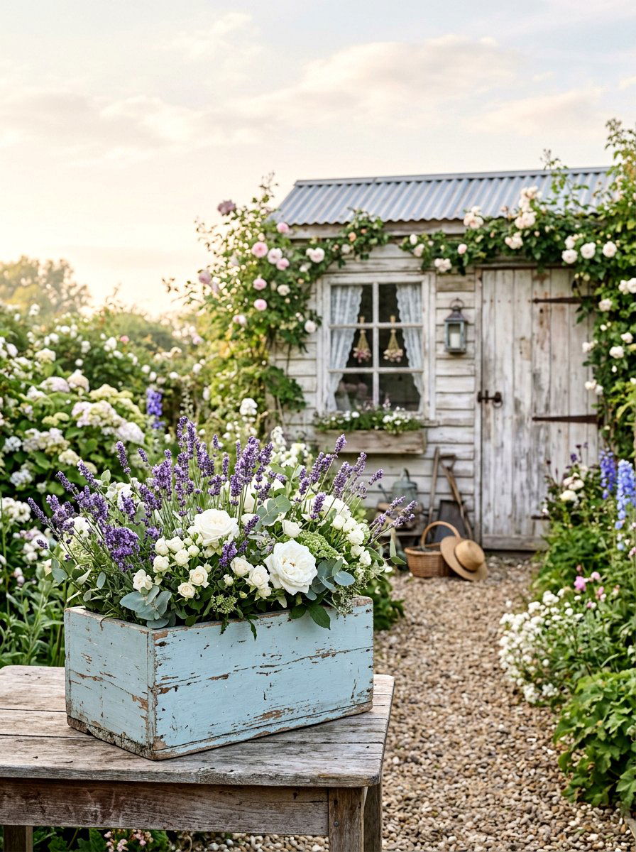 Shabby Chic Distressed Box - 30 shed flower box ideas