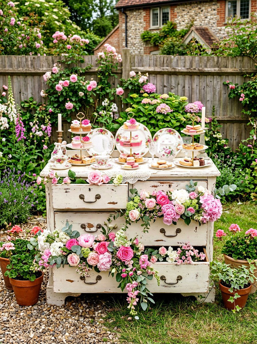 Shabby Chic Dresser Display - 30 outdoor dessert station ideas