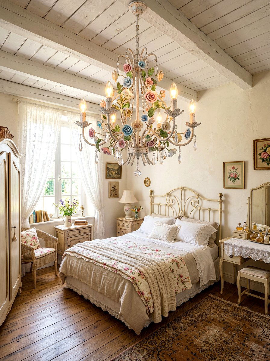 Shabby Chic Floral Chandelier - 30 storybook bedroom ideas
